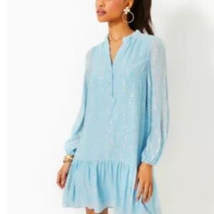 Lilly Pulitzer Evaline Silk Long Sleeve Dress in Bonaire Blue Fish Clip Chiffon